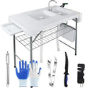 Fish Cleaning Table with 2 Sinks &amp Grid Rack - 42.5” Outdoor Fish Fillet Cleaning Station for Camping Patio Kitchen RV &amp Beach