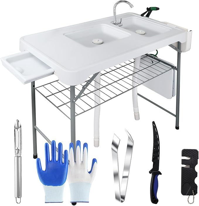 Fish Cleaning Table with 2 Sinks &amp Grid Rack - 42.5” Outdoor Fish Fillet Cleaning Station for Camping Patio Kitchen RV &amp Beach