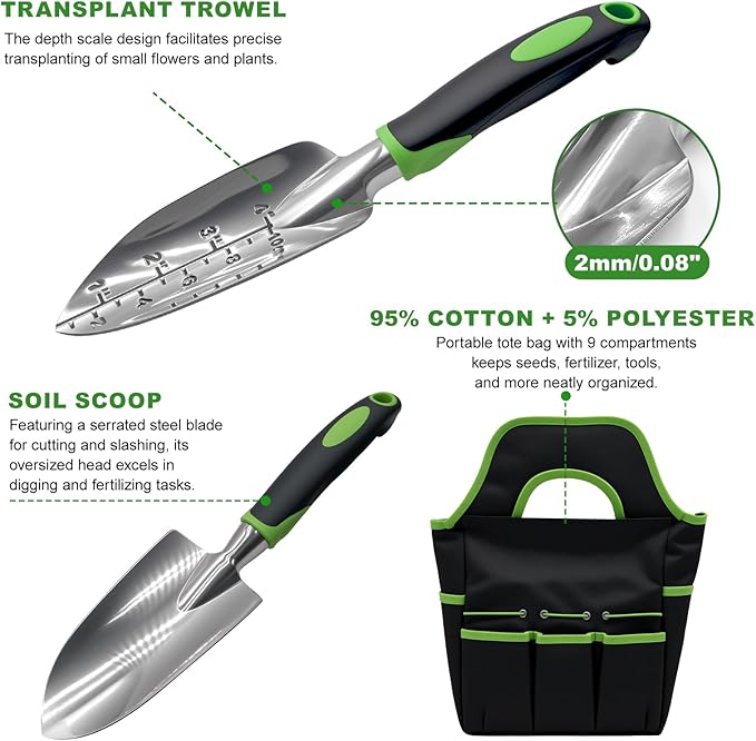11-Piece Outdoor Gardening Tool Set Suitable for Women Seniors and Left-Handed Users Includes Tree pruners Hand rakes and a Watering can with Green Non-Slip Handles. (Gray)