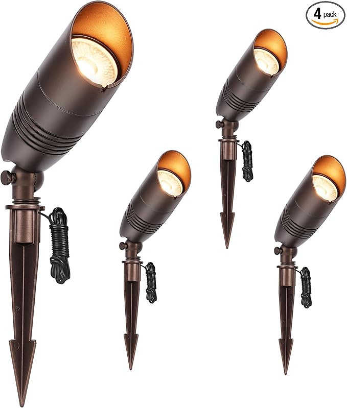CLOUDY BAY 9W 5CCT LED Landscape Lighting Low Voltage (AC/DC 12V) Outdoor Spotlights with Spike StandWaterproof Pathway Lights2200K/2700K/3000K/4000K/5000K SelectablePack of 4Bronze
