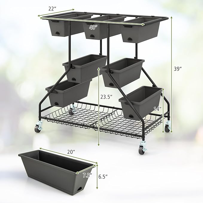 Happygrill 3-Tier Vertical Raised Garden Bed Outdoor Garden Planter w/7 Planter Boxes Drainage Holes 4 Universal Casters Movable Elevated Planter Box w/Storage Shelf Perfect for Flowers Herbs