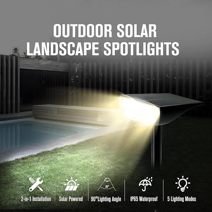 Solar Spot Lights Outdoor - Landscape Lights IP65 Waterproof Single Crystal Solar Landscape Spotlight6500K Adjustable Outdoor LightingSuitable For GardenCourtyardsLanesand Walkways(Warm whi
