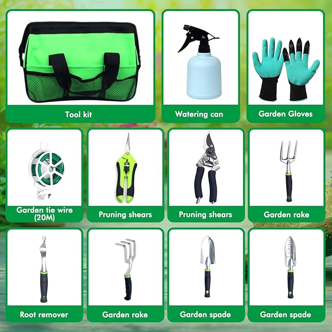Garden Tool Set with Tote Bag 9-Piece Aluminum Hand Tools Including Pruning Shears Spade Rake &amp Gloves for Digging Weeding &amp Transplanting