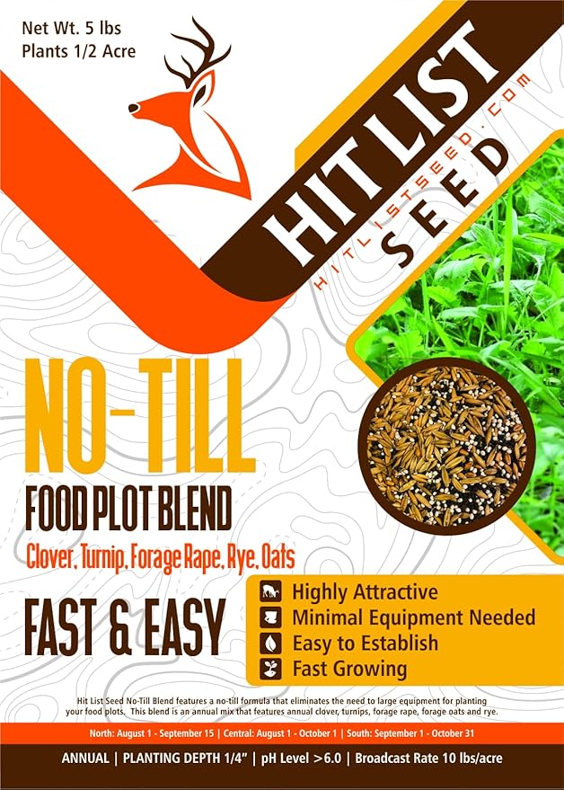 No Till Food Plot Seeds for Deer [Annual Mix] – Throw and Grow Food Mix – Deer Seed Blend with Clover Rye Turnip Brassica Oats – No Plow Planting – 5 lbs