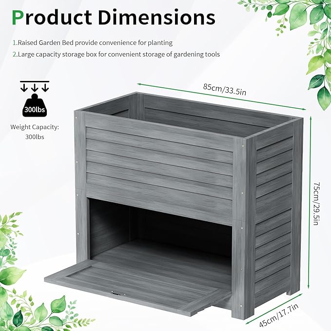 SUNYRISY 2Pack Wooden Raised Garden Bed with Storage Box 34 L x 18 W x 30 H Elevated Large Garden Planter Box for Planting Herb Vegetable Flower Outdoor Indoor Grey