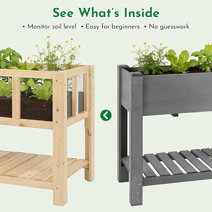 Raised Garden Bed with Transparent Acrylic Side Panels Elevated Wooden Planter Box with Shelf for Vegetables Herbs &amp FlowersOutdoor Raised Garden Planter for Patio Balcony &amp Backyard