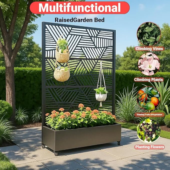Outdoor Metal Privacy Screen with Trellis &amp Planter Box – 72 x 47 3-Panel Raised Garden Bed on Wheels with Drainage Patio Divider for Climbing Plants &amp Vegetables Black