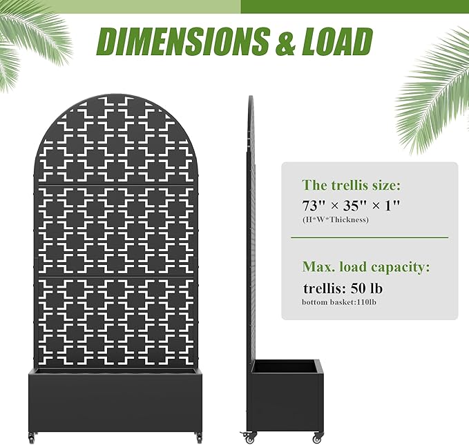 Casaphoria 72x35 Metal Raised Garden Bed with Trellis(2 Pack)Outdoor Planter Box with Wheels &amp Drainage Holes for Climbing Plants FlowersElevated Garden Kit Black-Square-Arched