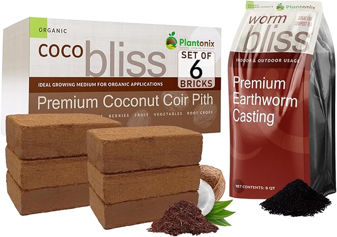 Coco Coir 650gm Bricks (6-Pack) + Worm Bliss (8 Qts) - Organic Coco Coir for Plants &amp Worm Castings for Plants - Coconut Coir Bricks - Earthworm Castings Worm Fertilizer - Garden Soil Potting Mix