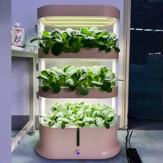 16L Hydroponic Tower Brown Color Hydroponic Tower for Plants Vegetables 4 Layers Hydroponics Growing System with LED Grow Light