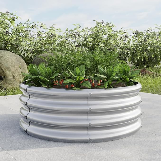 Round Galvanized Raised Garden Bed kit Steel Fire Pit Ring Flower Planter Metal Above Ground Boxes Kit Patio Ground Planter for Planting Vegetables and HerbSilver32.1×11.4