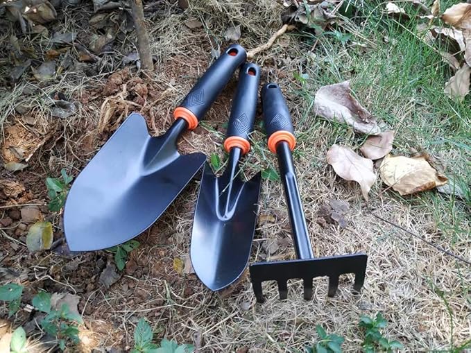 Garden Tool Set 3 Piece Durable Gardening Hand Tool Kit with TPR Handle (1 Trowel 1 Transplant and 1 Cultivator Hand Rake) Gift Set for Gardening Lovers - Black