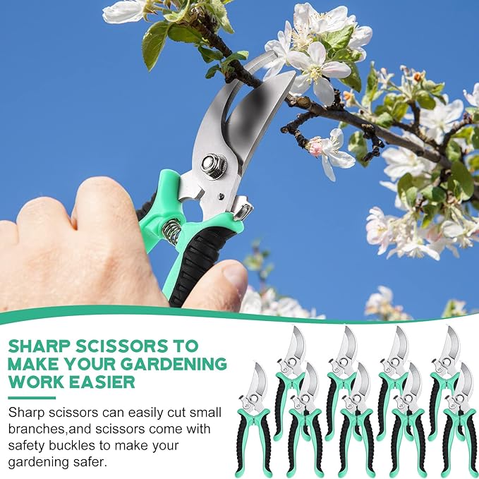 Lothee 9 Pcs Garden Shears Pruning Garden Clippers Bulk Bypass Pruner Heavy Duty for Gardening Hedge Plant Cutting Flower Scissors for Tree Trimming Bonsai Cutting Fruits Picking(Green)