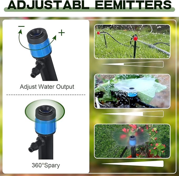 Macarrie 300 Pcs Drip Emitters for 1/4 Drip Irrigation Tubing Adjustable 360 Degree Water Flow Drippers 5.2 Inch Garden Irrigation Drippers Spray Emitters for (4-7mm) Garden Watering System
