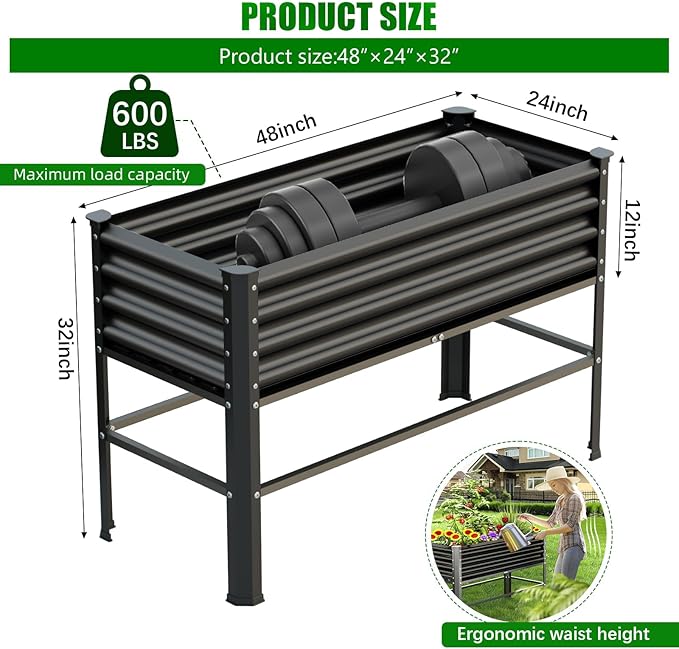 Galvanized Raised Garden Bed with Legs48×24×32in Large Metal Elevated Raised Planter Box Raised Garden Bed600lb Capacity with Drainage Holes for Vegetables Lawn Green Flowers Fruits Terrace