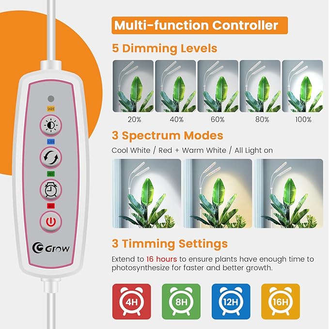 Grow Lights for Indoor Plants with Stand 2-Heads Full Specturm Plant Grow Light with 4/8/12/16H Timer 3 Color Modes 360° Flexible Gooseneck 24-68.7in Hight Adjustable Plant Growing Lamp