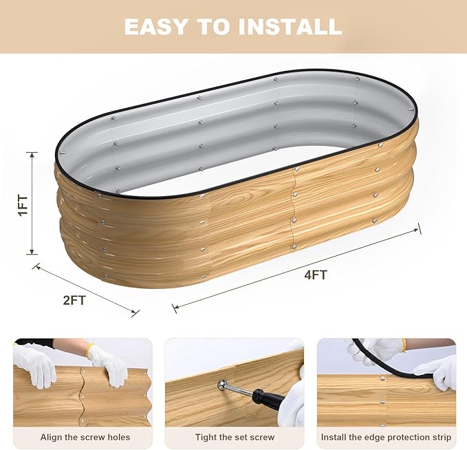 4x2x1FT Galvanized Raised Garden BedsRaised Garden Bed with Safety Edging and GlovesOval Metal Planter Box for Gardening Vegetables Flowers Herb-Natural Oak