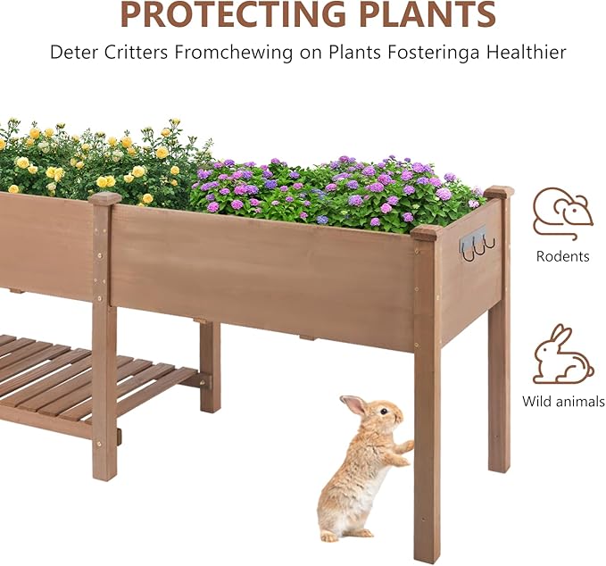 Raised Garden Bed with Legs Wooden Planter Box for Outdoor Gardening Elevated Garden Bed with Storage Shelf Hooks &amp Protective Liner for Vegetables Flowers Herbs (80x23x30 in Brown)