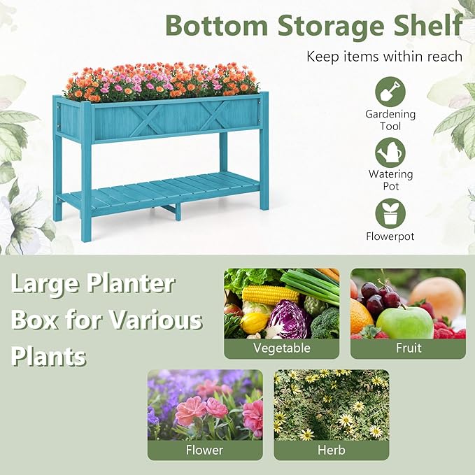 Giantex HIPS Raised Garden Bed Elevated Planter Box w/Legs Storage Shelf Drainage Holes Weather-Proof Standing Raised Beds for Backyard Porch Balcony Flower Herb (Blue 44 x 18 x 29)