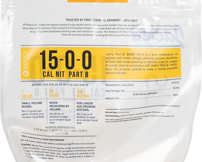 Jack's Classic Nutrients Calcium Nitrate Fertilizer 15-0-0 (Part A and B Dual Pack 4.4 Pounds Total (Pack of 2))