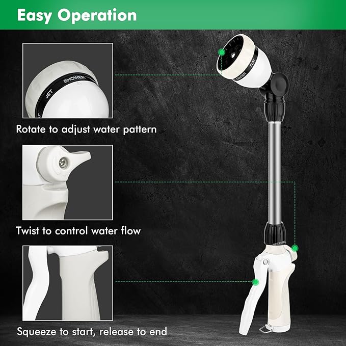 RESTMO Metal Watering Wand Heavy Duty Garden Hose Wand with 180° Swivel Ratcheting Head 16'' Hose Nozzle Sprayer with 7 Spray Patterns and Flow Control for Water Hanging Baskets and Shrubs White