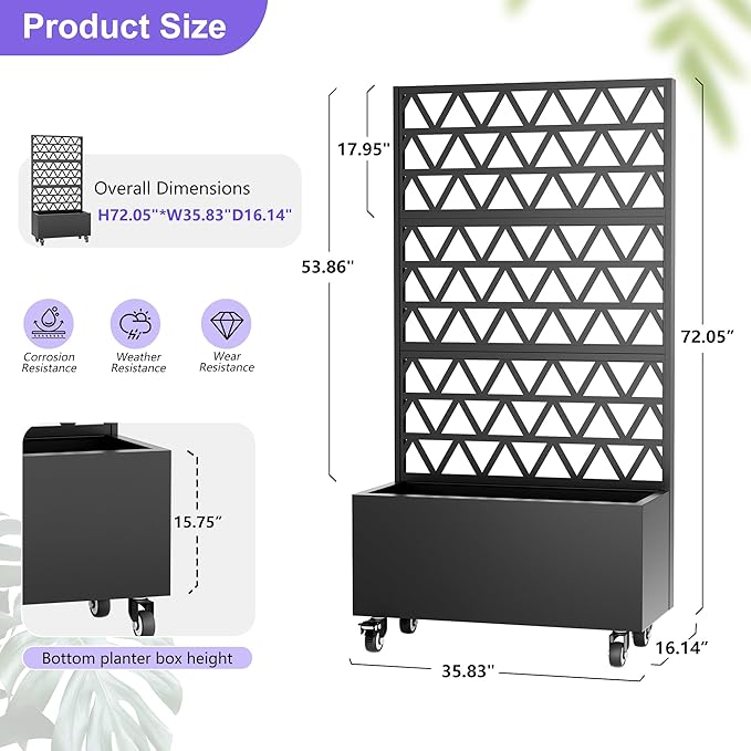 72 Metal Raised Garden Bed with Trellis Galvanized Steel Planter Box for Climbing Plants Vegetables Vines Large Rectangular Flower Bed with Privacy Screen Outdoor Gardening Planter