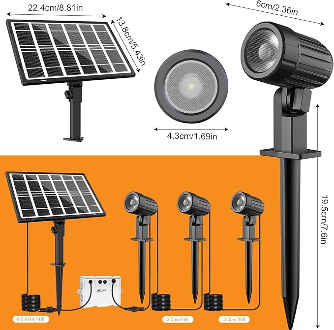 CLY Solar Landscape Spotlights Solar Lights Outdoor IP66 Waterproof Remote Control 2 Dynamic Modes 3 Brightness Adjustable 2700-6500K Auto On/Off 11M Cable for Garden Pathway Trees Flag 3 in 1