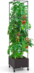 Giantex Raised Garden Bed with Tomato Cages 67” Adjustable Height Self Watering Planter Garden Box with Wheels Trellis for Climbing Plants Vegetable Flower