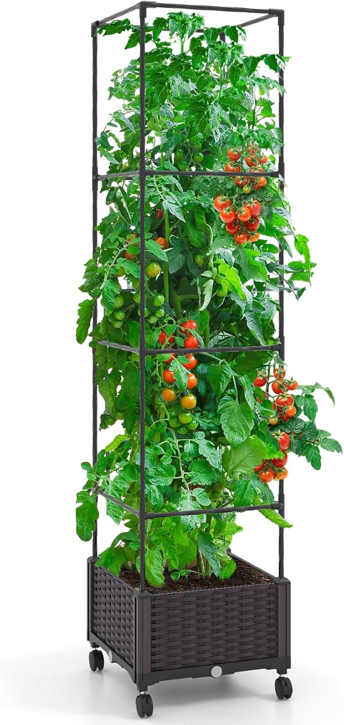 Giantex Raised Garden Bed with Tomato Cages 67” Adjustable Height Self Watering Planter Garden Box with Wheels Trellis for Climbing Plants Vegetable Flower