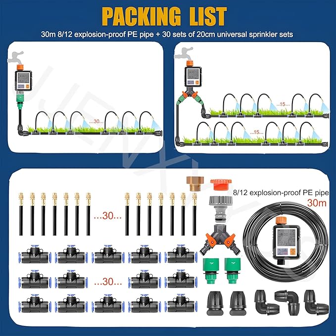 Drip Irrigation System Kit - Automatic Garden Watering System with 360-Degree Bending Dropper Atomizing Copper Nozzle &amp Smart Irrigation Controller for Gardens and Greenhouses