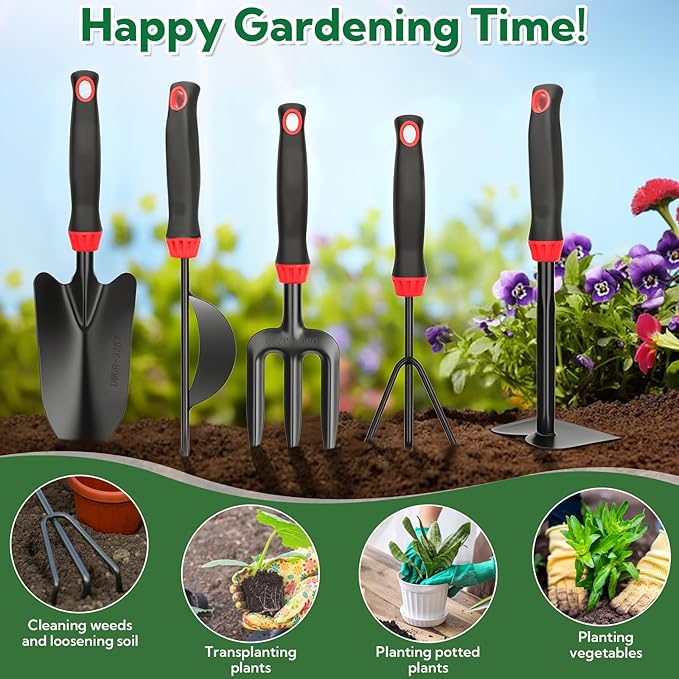 10 Pack Garden Tool Set - Carbon Steel Heavy Duty Gardening Set with Non-Slip Handles &amp Carry Bag Garden Hand Tools Gift for Women and Men