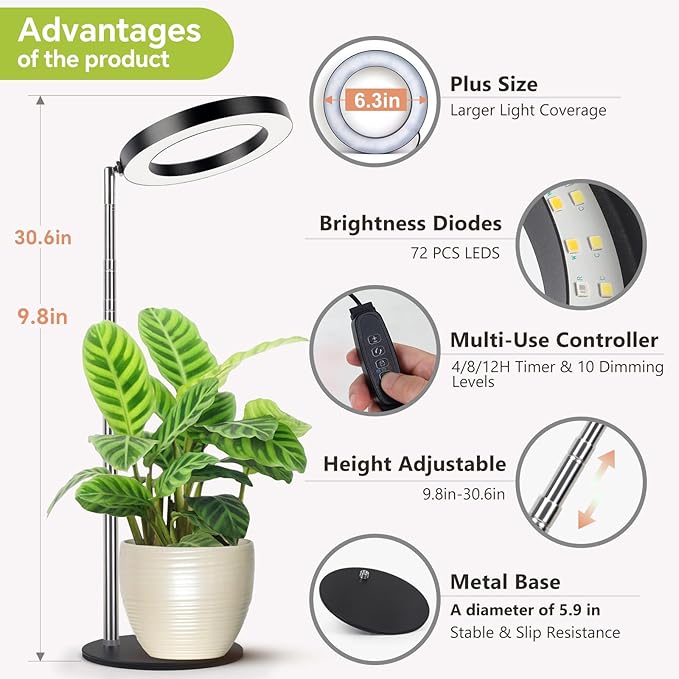 Desktop Grow Light Height Adjustable Grow Lights for Indoor Plants Full Spectrum 3 Lighting Mode Halo Grow Light with Timer Plant Lights for Indoor Growing (Black)