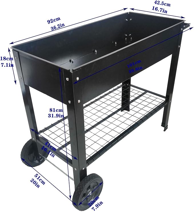 Dawn Mobile Metal Raised Garden Bed Cart with Legs Elevated Tall Planter Box with Wheels for Outdoor Indoors House Patio Backyard Vegetables Tomato DIY Herb Grow Black