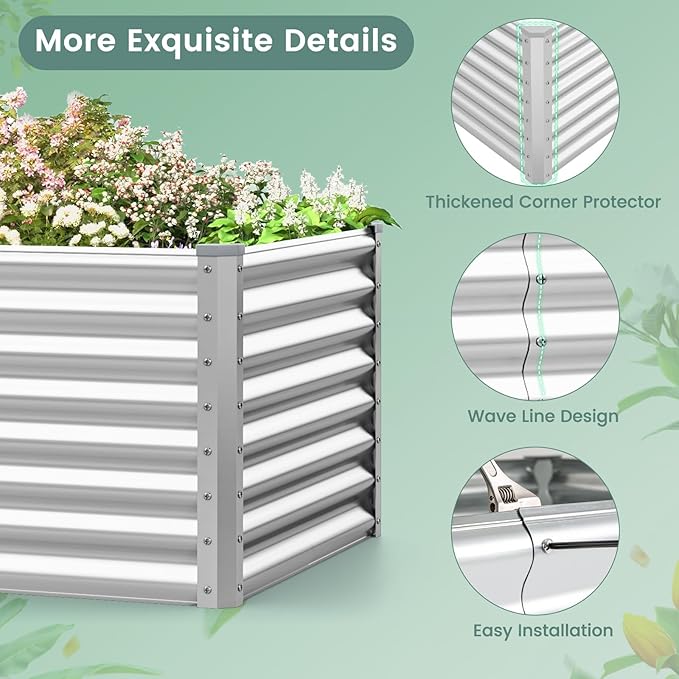 Rectangular Raised Garden Bed Galvanized Garden Planter with Open Bottom Sprayed Plate &amp Corner Protectors Outdoor Metal Planter Box for Vegetables Flowers &amp Herbs (Sliver)