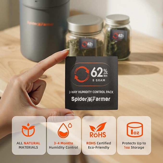 Spider Farmer 62% RH 8g Size Two-Way Humidity Control Packs 10 Packs Each Maintains Freshness for 1 oz and SF1000D LED Grow Lights with Samsung LM301B Diodes Full Spectrum Grow Light
