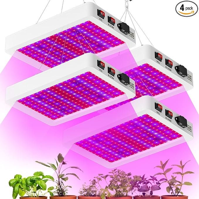 4Pcs 400W Full-Spectrum Plant Grow Panels Lamps Dimmable Veg/Bloom 2 Modes with UV/IRGrows Lighting for Hydroponics Greenhouse Tents &amp Indoor Planting Lamp with US Plug and Detachable Hooks