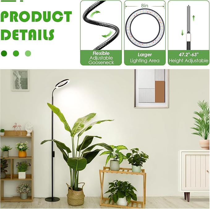LBW Grow Lights for Indoor Plants with Stand Full Spectrum Floor Plant Lights for Indoor Growing 108 LEDs Standing Plant Lamp 4/8/12H Auto Timer 6 Brightness68inchs Height Adjustable7.8 Diameter