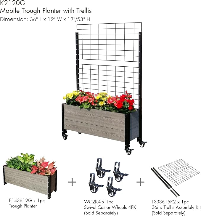 Everbloom Modular Trough Wood Plastic Composite Planter in Gray 36 L x 12 W x 14 H - Grow Veggies Flowers Herbs Indoor Outdoor Narrow Space Backyard Patio Deck