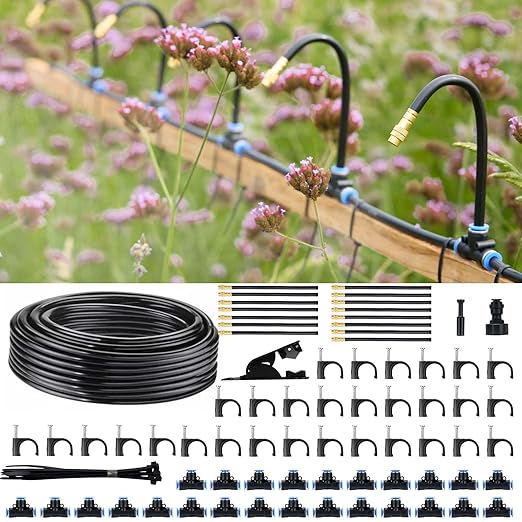 360° Automatic Drip Irrigation Kit - 5/16'' Tubing Adjustable Universal Spray Nozzle Copper Atomizing System for Garden/Lawn/Greenhouse - Multi-Directional Rotation Quick Connectors 82FT