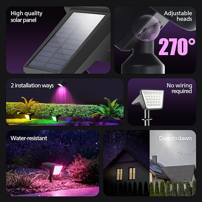 Philips 4 Packs Solar RGBW Spot Lights Outdoor 18 LED Solar Powered Landscape Lights 9 Lighting Modes Color-Changing Dusk to Dawn Waterproof Pathway Spotlights for Garden Trees Halloween Christmas