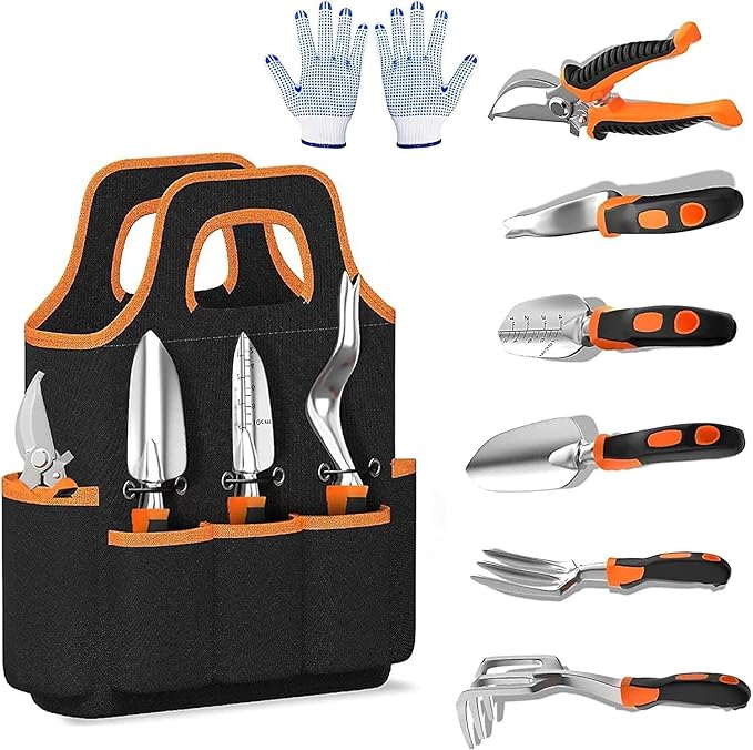 8 Piece Gardening Tools Set Garden Tool kit with Foldable Storage Bag Heavy Duty Garden Tool Set for Tilling Loosening Soil Weeding(B-8pcs-Orange)