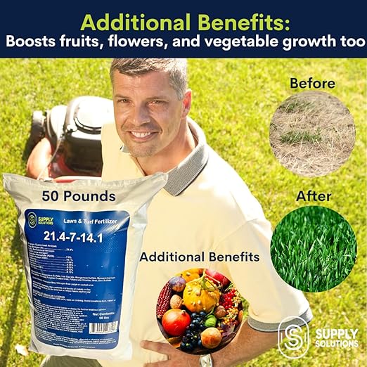 Supply Solutions 21.4-7-14.1 Lawn and Turf Fertilizer with Iron - Achieves a Lush Green Lawn in Weeks - Turf Builder for All Grass Types - for Greener Grass Fertilizer (50lbs)