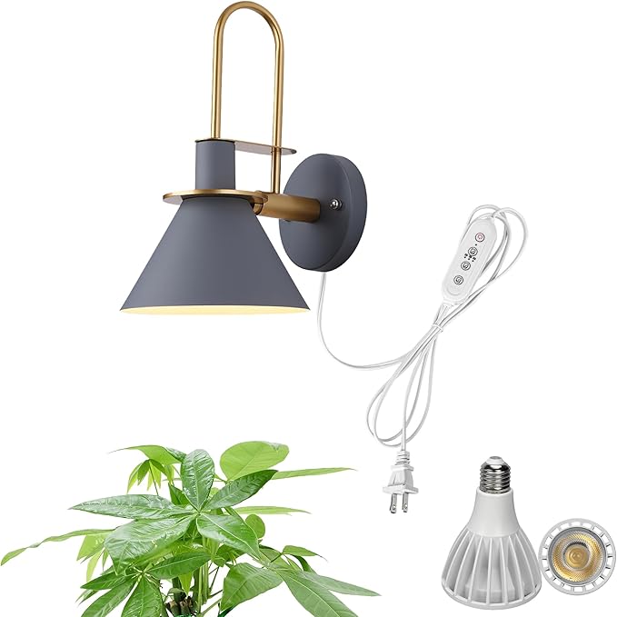 Hook Type Wall Mounted Plant Light Full Spectrum White Light 6000K 25W Bulb Modern Gray Metal Timing Plug in Cord Wall Lamp for Indoor Growing Plants Flowers