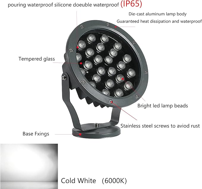 Outdoor LED Spotlight Waterproof Bright Outdoor Landscape Automatic Timer Mini Lawn Lamp 24W Graden Lights Lawn Decorative Lamp with Plug Flag Light Courtyard Facial Lighting Cool White
