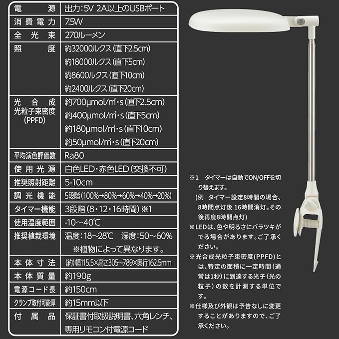 Ohm Electric TT-YG02NA1A-W 06-5238 Plant Growing Light LED Indoor Plant Growing Light Eliminates Lack of Sunlight Automatically Turns On and Off with Timer 5 Stage Dimming Indoor Cultivation