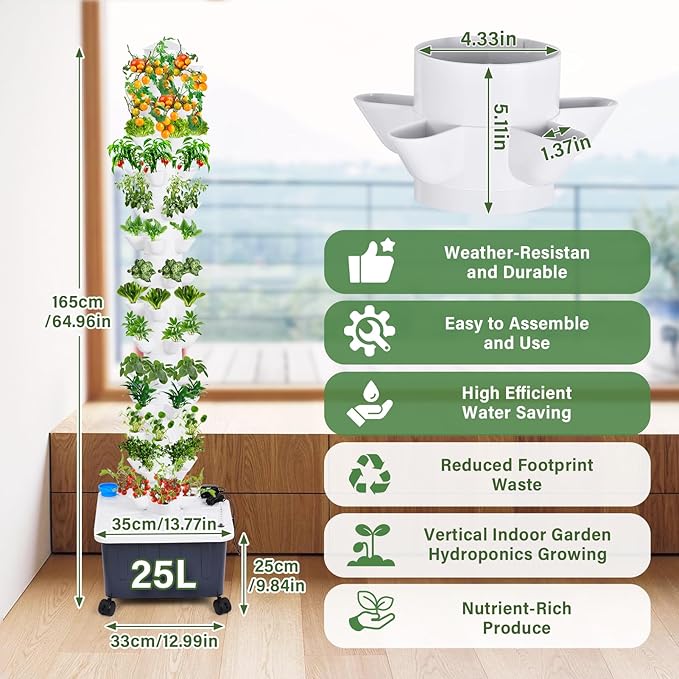 Hydroponics Growing System Kit 70 Net Pots Garden Tower with Wheels &amp Water Pump Automatic Watering Indoor Outdoor Plant Station with Sponge Adapter for Gardening Lover