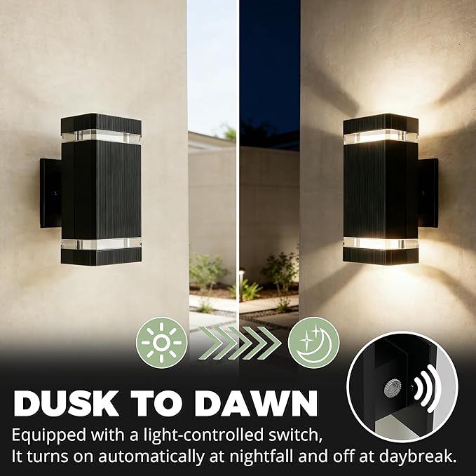 Square Dusk to Dawn Outdoor Lighting 2 Pack Up and Down LED Porch Lights Aluminum Outdoor Wall Lights with 2 * 7W Bulbs 3000K Waterproof Exterior Lighting Fixtures for House Porch Garage Black