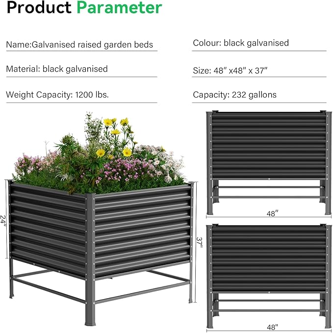 Galvanized Raised Garden Bed with Legs48×48×37in Large Metal Elevated Raised Planter Box Raised Garden Bed1200lb Capacity with Drainage Holes for Vegetables Lawn Green Flowers Fruits Terrace