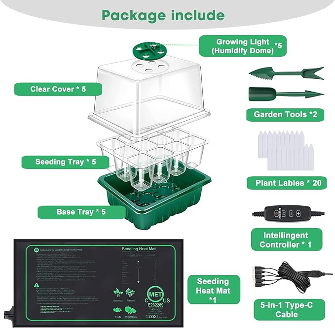 FINEST+ Seed Starter Tray with Heat Mat and Grow Light5 Pack Seedling Starter Trays with Time ControllerSeedling Starter Tray with Adjustable BrightnessSeed Starting Kit with Adjustable Humidity