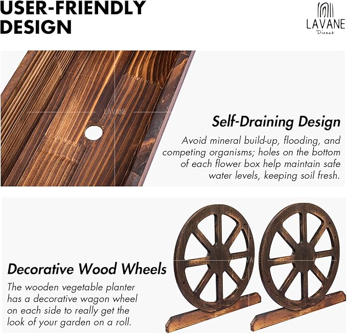 La Vane Wood Wagon Planter Box Wooden Rustic Garden Flower Planter Pot Stand DIY Rolling Cart Wheelbarrow Raised Bed with Wheels &amp Drainage Hole for Indoor Outdoor Décor Patio Balcony Backyard